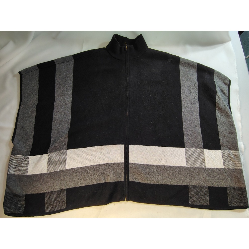 Jones New York Signature Plaid Zip Front Poncho Blck Gry Wht Cozy Fall Layer S/M